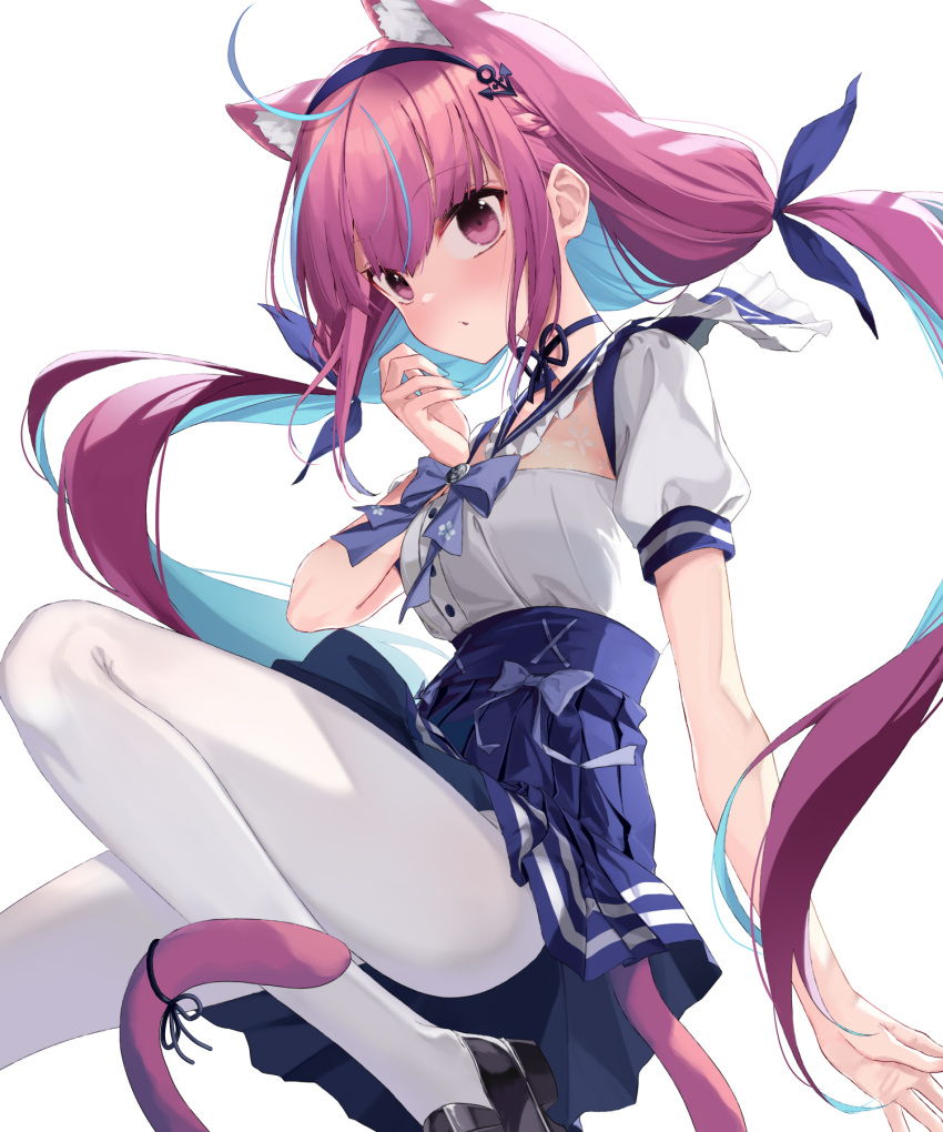 ahoge anchor_hair_ornament animal_ears bad_id bad_twitter_id black_footwear black_ribbon blue_bow blue_bowtie blue_hair blue_ribbon blue_skirt bow bowtie cat_ears cat_girl cat_tail closed_mouth female hair_ornament hair_ribbon highres hololive long_hair looking_at_viewer low_twintails minato_aqua minato_aqua_(sailor) multicolored_hair official_alternate_costume pantyhose pink_eyes pink_hair pink_tail ribbon shoes short_sleeves simple_background skirt solo soya_(torga) tail tail_ornament tail_ribbon twintails two-tone_hair virtual_youtuber white_background white_pantyhose