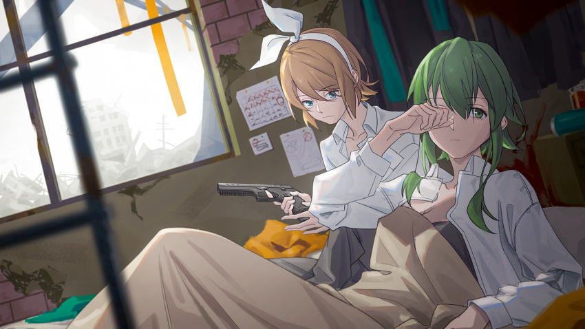 2girls blanket blonde_hair blue_eyes bow calendar_(object) commentary expressionless green_eyes green_hair gumi gun hairband hairbow handgun highres holding holding_gun holding_weapon indoors kagamine_rin looking_at_viewer md5_mismatch multiple_girls open_clothes open_shirt rubbing_eyes ruins shirt short_hair sidelocks sig_sauer sig_sauer_p320 under_covers vocaloid waking_up weapon white_hair white_shirt wounds404