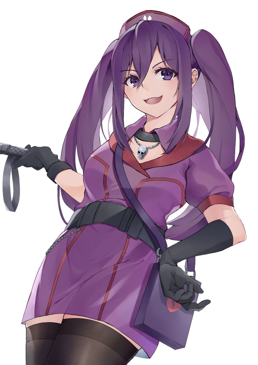 bag belt black_gloves black_thighhighs female gloves hair_between_eyes hand_up handbag hat highres holding holding_riding_crop jewelry kanadeedanak kouzaku_mitori long_hair necklace nurse_cap oerba_yun_fang open_mouth purple_eyes purple_hair riding_crop sidelocks skull_necklace solo thighhighs toaru_kagaku_no_railgun toaru_kagaku_no_railgun_t toaru_majutsu_no_index twintails