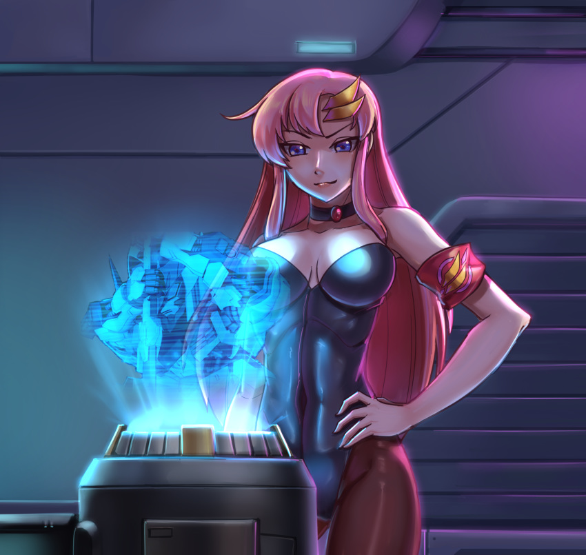 armband black_leotard breasts breasts_apart chinese_commentary choker commentary_request corruption dark_persona female gundam gundam_barbatos gundam_seed gundam_seed_destiny gundam_tekketsu_no_orphans hair_ornament hands_on_own_hips highres hologram lacus_clyne leebigtree leotard long_hair looking_down pantyhose pink_hair purple_eyes solo