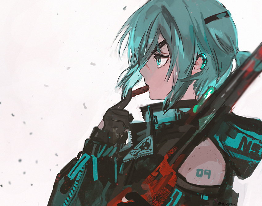 alternate_hairstyle aqua_eyes aqua_hair bare_shoulders black_gloves commentary dotori_(seulseul) earclip eating eyepatch female food from_side gloves gun hatsune_miku highres hood hood_down long_sleeves looking_afar looking_away mouth_hold ponytail profile pushing rifle scar scar_on_face scar_on_nose sidelocks skull_and_crossbones sniper_rifle solo unzipped upper_body vocaloid weapon white_background