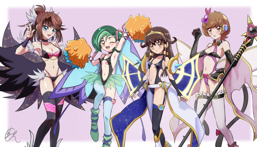 4girls adapted_costume armpits arms_up belt bikini black_gloves blue_eyes boots breasts bridal_gauntlets brown_eyes brown_hair character_name chaya_mago constellar_sombre constellar_sombre_(cosplay) cosplay cxyz_dark_fairy_cheer_girl cxyz_dark_fairy_cheer_girl_(cosplay) fairy_cheer_girl fairy_cheer_girl_(cosplay) fake_wings feet_out_of_frame fur_armlet gloves gold_headband green_hair hair_tubes hand_up harpie_dancer harpie_dancer_(cosplay) harpie_girl_(yu-gi-oh!) harpie_girl_(yu-gi-oh!)_(cosplay) harpie_queen harpie_queen_(cosplay) high_heels highres holding holding_pom_poms holding_staff holding_wand long_hair mazaki_anzu medium_hair mizuki_kotori_(yu-gi-oh!) multiple_girls one_eye_closed open_mouth pom_pom_(cheerleading) ponytail sera_(yu-gi-oh!) short_hair signature single_leg_pantyhose single_thighhigh staff swimsuit thigh_belt thigh_strap thighhighs trickstar_black_catbat trickstar_black_catbat_(cosplay) wand winged_arms wings yu-gi-oh! yu-gi-oh!_the_dark_side_of_dimensions yu-gi-oh!_vrains yu-gi-oh!_zexal zaizen_aoi