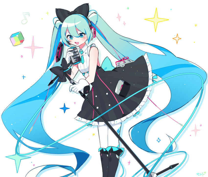 aqua_eyes aqua_hair argyle bare_shoulders black_bow black_footwear black_skirt boots bow cable commentary cowboy_shot cube eighth_note female frilled_skirt frills gloves hairbow hatsune_miku headphones highres holding holding_microphone holding_microphone_stand hoop_skirt knee_boots leaning_forward long_hair magical_mirai_(vocaloid) magical_mirai_miku magical_mirai_miku_(2016) microphone microphone_stand monitaros_393 musical_note open_mouth shirt skirt sleeveless sleeveless_shirt smile solo sparkle twintails very_long_hair vocaloid white_background white_gloves white_legwear white_shirt