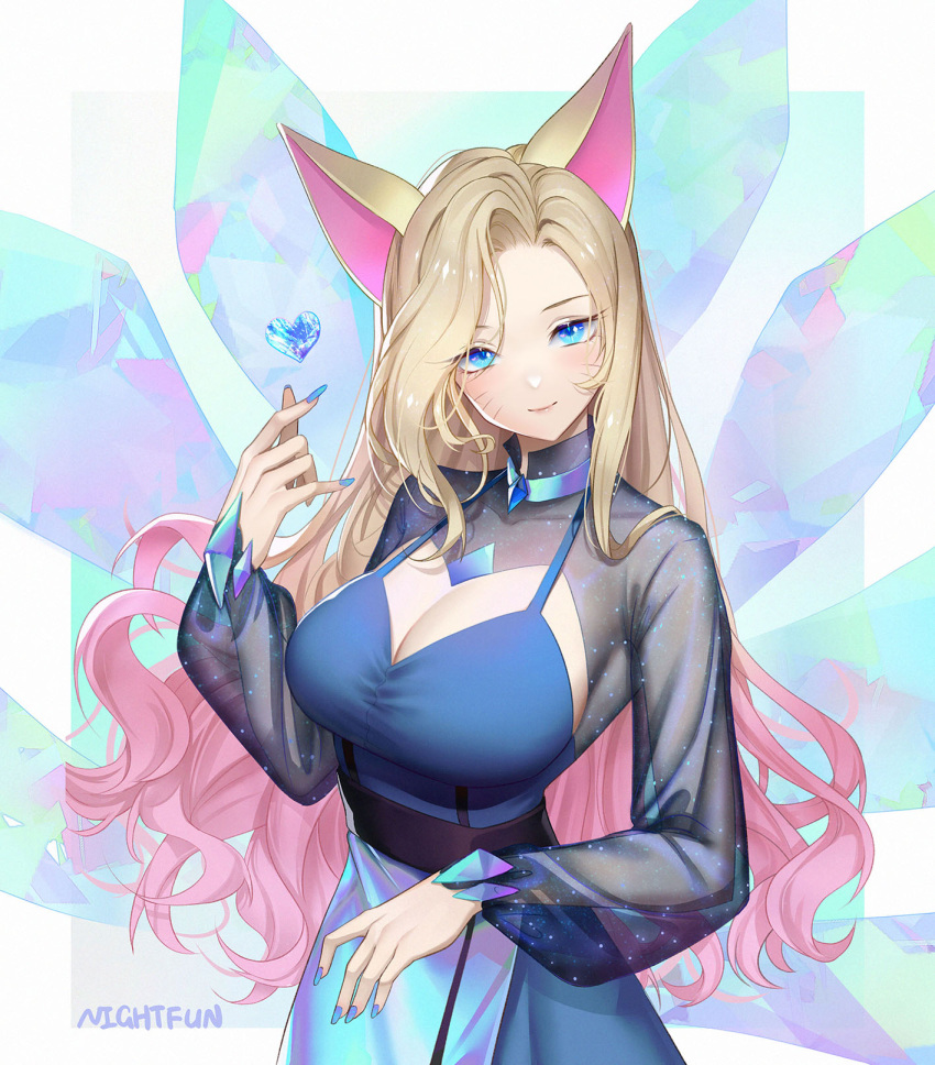 ahri_(league_of_legends) alternate_costume animal_ears artist_name blonde_hair blue_choker blue_eyes breasts choker cleavage female fox_ears gradient_hair highres k/da_(league_of_legends) k/da_all_out_ahri large_breasts league_of_legends looking_at_viewer multicolored_hair nail_polish nightfun pink_hair see-through see-through_shrug see-through_sleeves smile tail