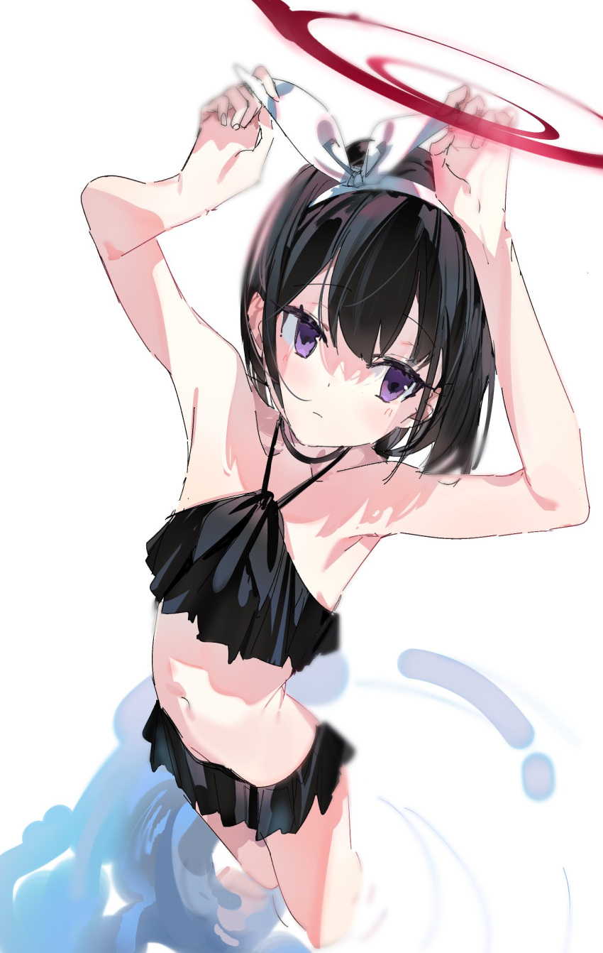 aida_(chinhung0612) arms_up bikini black_bikini black_hair blue_archive blush closed_mouth female from_above hairband highres looking_at_viewer mashiro_(blue_archive) mashiro_(swimsuit)_(blue_archive) purple_eyes ripples short_hair simple_background solo swimsuit wading water white_background white_hairband