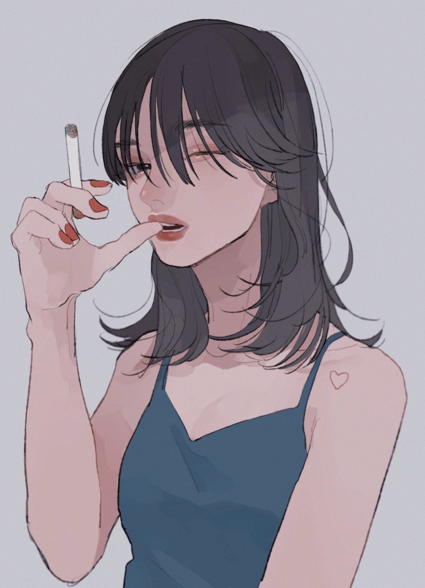 black_hair blue_camisole camisole cigarette commentary female grey_background hand_up heart highres holding holding_cigarette long_hair looking_at_viewer open_mouth original red_nails simple_background solo symbol-only_commentary tami_moon upper_body