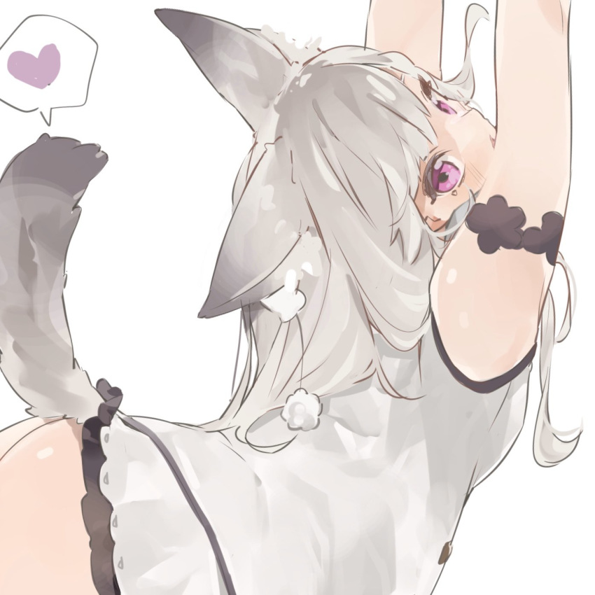 animal_ear_fluff animal_ears animare arm_strap arms_up ass bad_id bad_twitter_id blush braid cowboy_shot dress female fox_ears fox_tail frilled_skirt frills from_behind grey_hair heart highres jacket long_hair looking_at_viewer looking_back nanashi_inc. open_mouth pom_pom_(clothes) purple_eyes rippootai scarf shiromiya_mimi simple_background skirt sleeveless solo spoken_heart tail thigh_strap virtual_youtuber white_background white_dress white_jacket