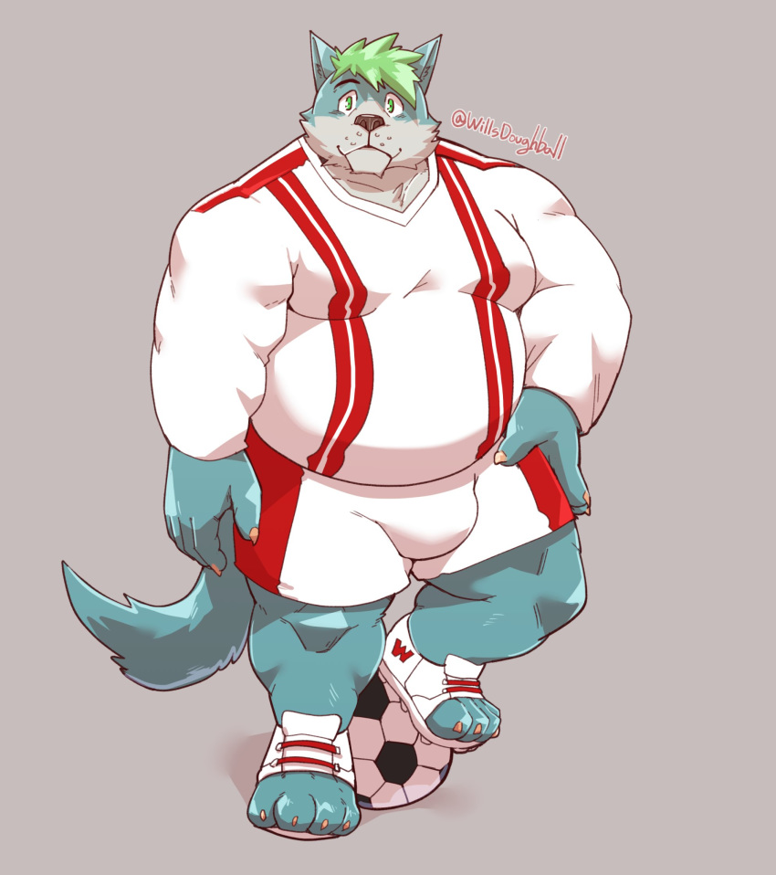 2020 anthro ball belly blue_body blue_fur bottomwear canid canine canis clothing domestic_dog fur hi_res jumperbear kemono male mammal overweight overweight_anthro overweight_male shirt shorts simple_background soccer_ball solo topwear