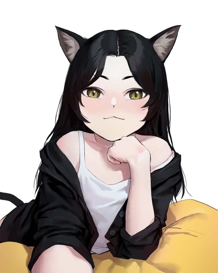 animal_ear_fluff animal_ears bad_id bad_pixiv_id bare_shoulders black_hair black_shirt blush brown_eyes cat_ears cat_girl cat_tail closed_mouth collarbone commentary dongho_kang eyebrows_hidden_by_hair female green_eyes highres long_hair looking_at_viewer lying off_shoulder on_stomach open_clothes open_shirt original parted_bangs shirt simple_background smile solo symbol-only_commentary tail upper_body white_background