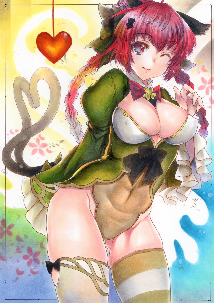 ;) absurdres animal_ears ass_visible_through_thighs asymmetrical_legwear black_bow bow bowtie braid breasts brown_leotard cat_ears cat_girl cat_tail cleavage covered_navel covered_nipples cowboy_shot fang_out female fingernails groin hair_ornament hairbow heart heart_hair_ornament heart_tail highres juliet_sleeves kaenbyou_rin leotard leotard_under_clothes lips long_hair long_sleeves medium_breasts midriff mismatched_legwear multiple_tails oerba_yun_fang one_eye_closed pink_lips puffy_sleeves red_bow red_eyes red_hair rozarin skindentation smile solo striped_clothes striped_thighhighs tail tail_raised thighhighs touhou traditional_media twin_braids two_tails wide_sleeves