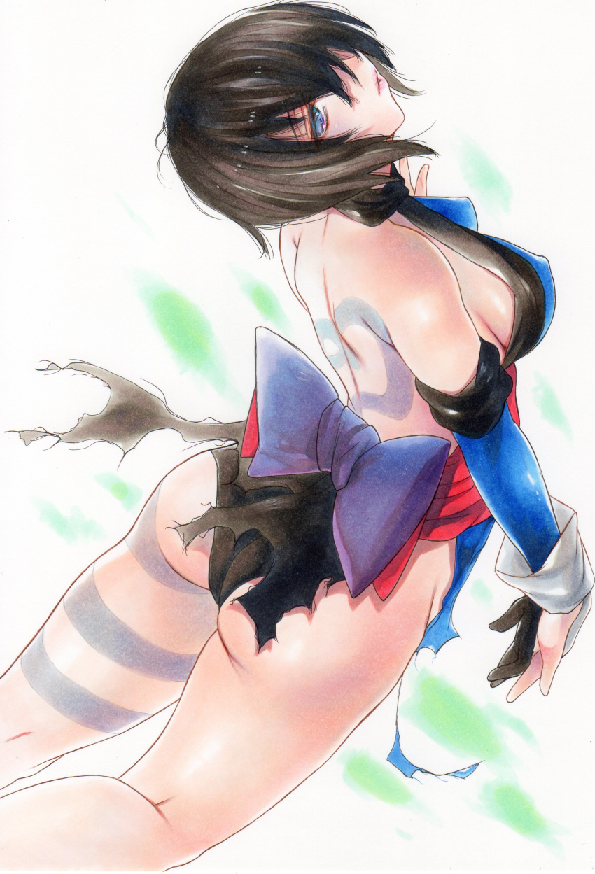 absurdres ass back back_tattoo bare_back black_hair blue_eyes breasts covered_nipples female gloves hair_over_one_eye highres lips medium_breasts ninja partially_fingerless_gloves pink_lips rozarin samurai_spirits shiki_(samurai_spirits) short_hair sideboob solo tattoo traditional_media