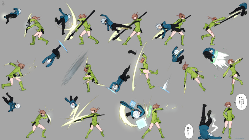 1boy albino amputee arms_up attack axe battle black_pants blocking blue_jacket bob_cut brown_hair clash covered_eyes dodging dual_wielding duel faceplant facing_away female futabaaf gloves grasshopper_(world_trigger) green_footwear green_gloves green_shorts grey_background hair_flaps hair_over_eyes hair_over_one_eye headphones highres holding holding_axe holding_weapon jacket jumping konami_kirie kuga_yuuma legs_apart long_sleeves midair mikumo_squad's_uniform multiple_views o3o one_eye_covered outstretched_arm pants red_eyes scabbard severed_limb sheath shield short_hair shorts simple_background slashing smoke speech_bubble standing translation_request two-handed uniform upside-down weapon white_hair world_trigger