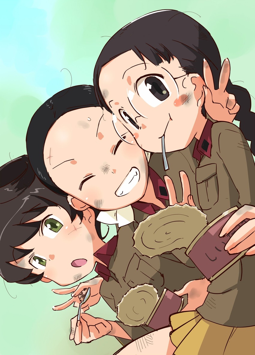 3girls bangs black_eyes black_hair blush_stickers bow braid brown_eyes brown_hair brown_jacket can chi-hatan_military_uniform closed_mouth commentary_request dirty dirty_face double_v dutch_angle eating fukuda_haru girls_und_panzer glasses green_eyes grin hair_pulled_back hair_rings hairbow highres holding holding_can hosomi_shizuko ikeda_emi jacket long_hair long_sleeves looking_at_viewer low_ponytail medium_hair military military_uniform miniskirt multiple_girls ogihara_mach open_mouth pleated_skirt ponytail rimless_eyewear round_eyewear short_hair sitting skirt smile sweat twin_braids twintails uniform utensil_in_mouth v white_bow yellow_skirt