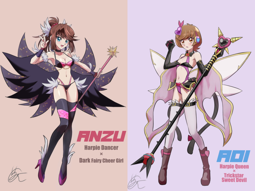 2girls adapted_costume belt bikini black_gloves blue_eyes breasts brown_eyes brown_hair character_name chaya_mago cosplay cxyz_dark_fairy_cheer_girl cxyz_dark_fairy_cheer_girl_(cosplay) fake_wings full_body fur_armlet gloves hand_up harpie_dancer harpie_dancer_(cosplay) harpie_queen harpie_queen_(cosplay) high_heels highres holding holding_staff holding_wand long_hair mazaki_anzu multiple_girls ponytail short_hair signature staff swimsuit thigh_belt thigh_strap thighhighs trickstar_black_catbat trickstar_black_catbat_(cosplay) wand wings yu-gi-oh! yu-gi-oh!_the_dark_side_of_dimensions yu-gi-oh!_vrains zaizen_aoi