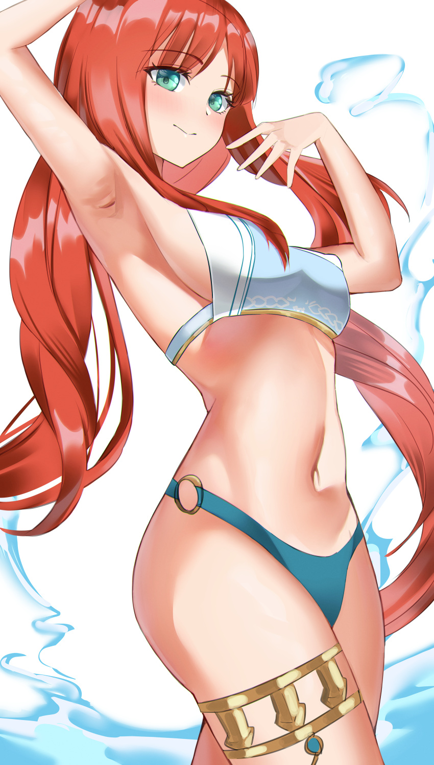 absurdres alternate_costume alternate_hairstyle armpits bare_shoulders blush breasts crop_top female genshin_impact highres katagirinanoka long_hair looking_at_viewer medium_breasts navel nilou_(genshin_impact) o-ring o-ring_bottom red_hair sideboob smile solo stomach thighlet thighs twintails