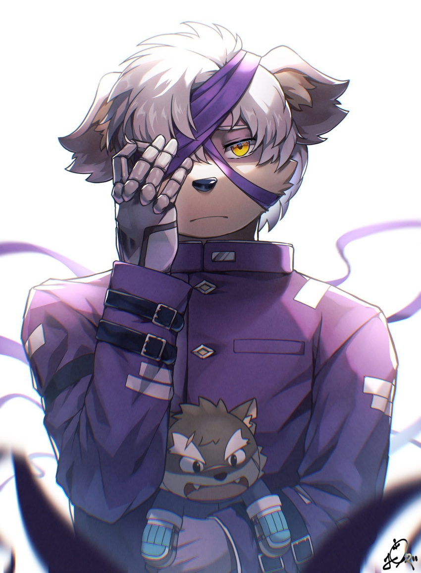 1boy animal_ears animal_nose arm_up bandage_over_one_eye blurry blurry_foreground brown_fur dog_boy dog_ears expressionless furry furry_male gakuran hand_over_eye highres holding holding_stuffed_toy male_focus moritaka_(housamo) ponzu_tas purple_fur school_uniform short_hair solo stuffed_animal stuffed_toy tokyo_afterschool_summoners two-tone_fur upper_body white_background white_hair yellow_eyes yoshito_(housamo)