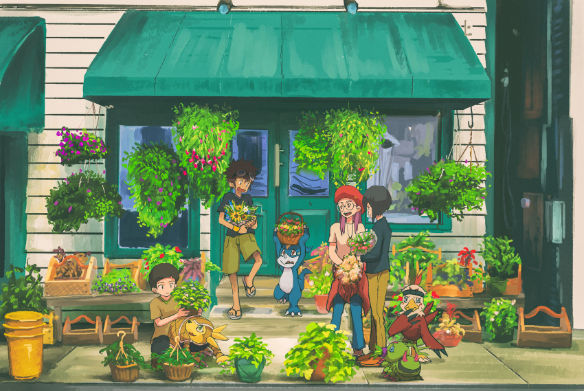 3boys absurdres armadimon beak belt carrying_overhead digimon digimon_(creature) digimon_adventure_02 female flower glasses goggles goggles_on_head hat hawkmon hida_iori highres ichijouji_ken inoue_miyako kubota_keita motomiya_daisuke multiple_boys painting_(medium) plant shorts traditional_media v-mon wormmon