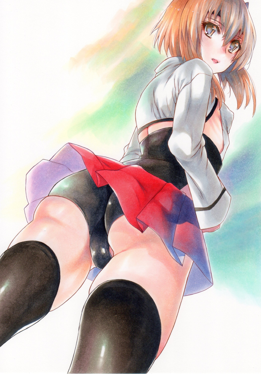 absurdres ass black_thighhighs breasts covered_nipples female hair_between_eyes headband highres kantai_collection long_sleeves miniskirt open_mouth orange_eyes orange_hair pleated_skirt red_skirt ribs rozarin short_hair sideboob skirt small_breasts solo taihou_(kancolle) thighhighs thighs traditional_media