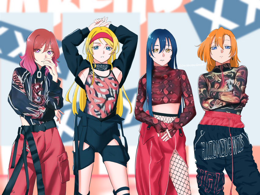 4girls armpits arms_up ayase_eli bad_id bad_pixiv_id blonde_hair blue_eyes blue_hair cosplay cowboy_shot crossed_arms fishnets highres hip_(mamamoo) hwasa_(mamamoo) hwasa_(mamamoo)_(cosplay) k-pop kosaka_honoka long_hair long_sleeves looking_at_viewer love_live! love_live!_school_idol_project mamamoo moonbyul_(mamamoo) moonbyul_(mamamoo)_(cosplay) multiple_girls nishikino_maki orange_hair paniwo photo-referenced purple_eyes red_hair solar_(mamamoo) solar_(mamamoo)_(cosplay) sonoda_umi standing translation_request wheein_(mamamoo) wheein_(mamamoo)_(cosplay) yellow_eyes