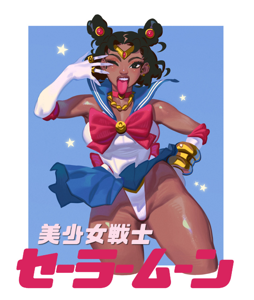 absurdres animification bangle bishoujo_senshi_sailor_moon black_hair blue_background blue_sailor_collar blue_skirt bow bracelet breasts choker cosplay crescent cropped_legs curly_hair dark-skinned_female dark_skin elbow_gloves female gloss_(hotglossed) gloves hand_on_own_hip hand_up highleg highleg_leotard highres jewelry large_breasts legs_apart leotard leotard_peek magical_girl megan_thee_stallion miniskirt necklace one_eye_closed open_mouth pink_choker pleated_skirt real_life red_bow ring sailor_collar sailor_moon sailor_moon_(cosplay) sailor_moon_pose sailor_senshi_uniform shiny_skin short_hair skirt sleeveless solo standing star_(symbol) teeth thighs thong_leotard tongue tongue_out translation_request two-tone_background upper_teeth_only upskirt very_dark_skin white_gloves white_leotard wind wind_lift