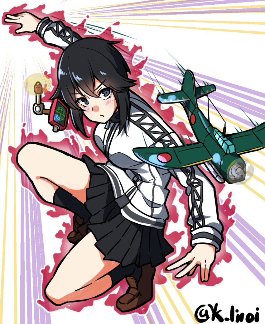 aerosmith_(stand) aircraft airplane black_eyes black_hair black_skirt black_socks blush breasts brown_footwear commentary_request female full_body hayasui_(kancolle) highres jacket jojo_no_kimyou_na_bouken kagari_liroi kantai_collection long_sleeves pleated_skirt pose short_hair skirt socks solo track_jacket twitter_username white_jacket