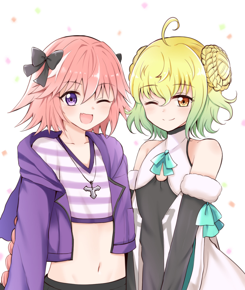 2boys ahoge astolfo_(fate) astolfo_(memories_at_trifas)_(fate) bare_shoulders black_bow bow braid braided_bun closed_mouth collarbone crop_top cropped_jacket crossdressing detached_sleeves fate/grand_order fate_(series) green_hair hair_between_eyes hair_bun hairbow highres jacket jewelry long_sleeves male_focus moyashi_(momoyashi_321) multiple_boys navel necklace oerba_yun_fang one_eye_closed open_mouth orange_eyes otoko_no_ko paris_(fate) pink_hair purple_eyes purple_jacket shirt simple_background skin_fang smile split_mouth striped_clothes striped_shirt white_background