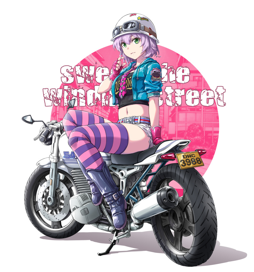 absurdres crop_top cropped_jacket female fingerless_gloves fish.boy gloves green_eyes helmet highres jacket midriff motor_vehicle motorcycle navel necktie open_clothes open_jacket original purple_hair short_hair shorts sitting solo striped_clothes striped_thighhighs thighhighs