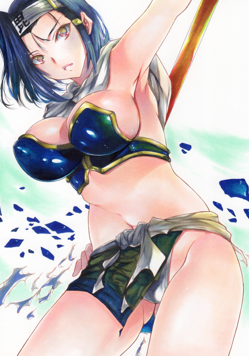 absurdres armpits ass_visible_through_thighs blue_hair breasts cleavage closed_mouth cowboy_shot female fundoshi hair_ornament hairclip headband highres japanese_clothes medium_breasts navel red_eyes rozarin sengoku_otome short_hair single_hair_intake solo thighs torn_clothes traditional_media uesugi_kenshin_(sengoku_otome) white_headband