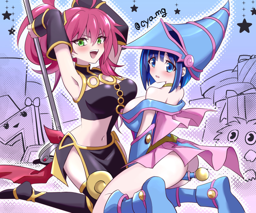 2girls ahoge armpits arms_up bare_shoulders between_legs blue_eyes blue_footwear blue_hair breasts chaya_mago choker cosplay dark_magician_girl dark_magician_girl_(cosplay) detached_sleeves duel_monster evil_twin_ki-sikil evil_twin_lil-la green_eyes hat highres ki-sikil_(yu-gi-oh!) kuriboh large_breasts lil-la_(yu-gi-oh!) multiple_girls open_mouth pink_hair ponytail sevens_road_witch sevens_road_witch_(cosplay) short_hair sleeveless staff thighhighs witch_hat yu-gi-oh!