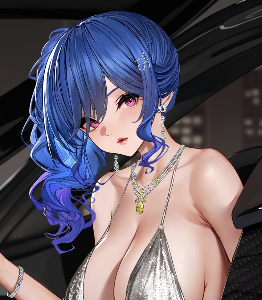 azur_lane bag bare_shoulders blue_hair bracelet breasts building car cityscape cleavage collarbone dress earrings evening_gown female formal hair_ornament hair_up hairclip halter_dress halterneck handbag highres jewelry large_breasts lips looking_at_viewer motor_vehicle necklace night night_sky no_bra official_alternate_costume official_art outdoors parted_lips pink_eyes red_lips revealing_clothes shiny sidelocks silver_dress sky skyscraper solo st._louis_(azur_lane) st._louis_(luxurious_wheels)_(azur_lane) swept_bangs updo yunsang