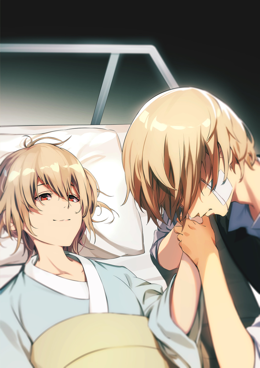 1boy absurdres bandaid bandaid_on_face bed brother_and_sister crying death female gintama hair_over_eyes highres holding_hands hospital_bed ibaraki_shun light_brown_hair lying okita_mitsuba okita_sougo on_back red_eyes short_hair siblings smile