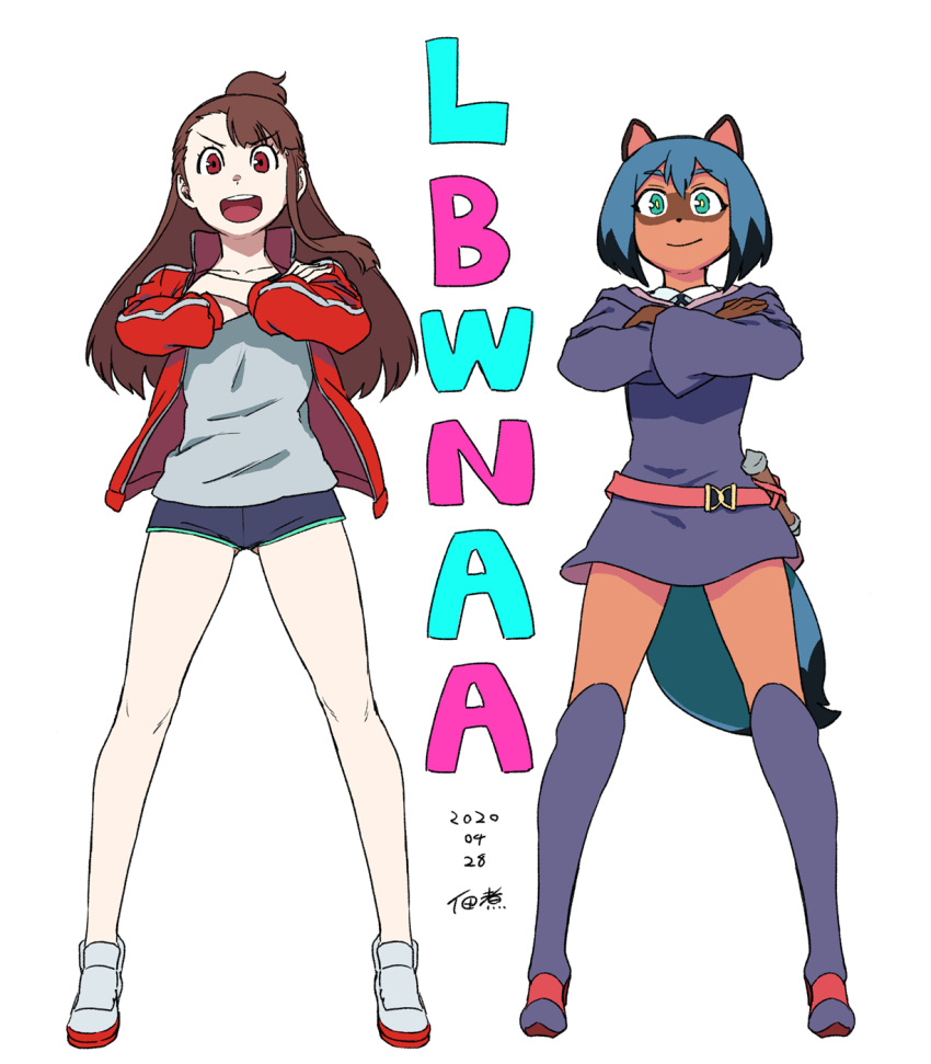 2girls animal_ears brand_new_animal brown_hair closed_mouth company_connection cosplay costume_switch furry furry_female gunbuster_pose highres kagari_atsuko kagari_atsuko_(cosplay) kagemori_michiru kagemori_michiru_(cosplay) little_witch_academia long_hair looking_at_viewer luna_nova_school_uniform multiple_girls open_mouth raccoon_ears raccoon_girl red_eyes school_uniform short_hair simple_background smile trigger_(company) tsukudani_(coke-buta) white_background