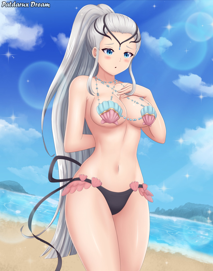 1girls alternate_costume bad_censor beach blue_hair breasts censored cleavage corrin_(fire_emblem)_(female)_(cosplay) cosplay covered_nipples covering eir_(fire_emblem) fire_emblem fire_emblem_heroes grey_hair long_hair medium_breasts nintendo ocean open_mouth patdarux ponytail sand shell_bikini side_view solo swimsuit very_long_hair