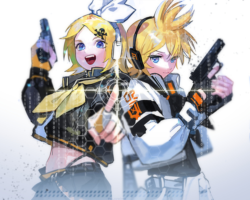 1boy :d against_fourth_wall binary black_gloves blonde_hair blue_eyes blue_jacket closed_mouth commentary crop_top dotori_(seulseul) female finger_on_trigger fingerless_gloves gloves gun hair_ornament hairclip hand_up handgun headphones highres holding holding_gun holding_weapon holographic_touchscreen honeycomb_(pattern) jacket kagamine_len kagamine_rin long_sleeves looking_at_viewer midriff neckerchief open_mouth outstretched_arm panty_straps pointing pointing_at_viewer ponytail popped_collar pressing reaching reaching_towards_viewer short_hair skull_and_crossbones skull_hair_ornament smile target trigger_discipline upper_body vocaloid weapon white_background yellow_gloves yellow_neckerchief