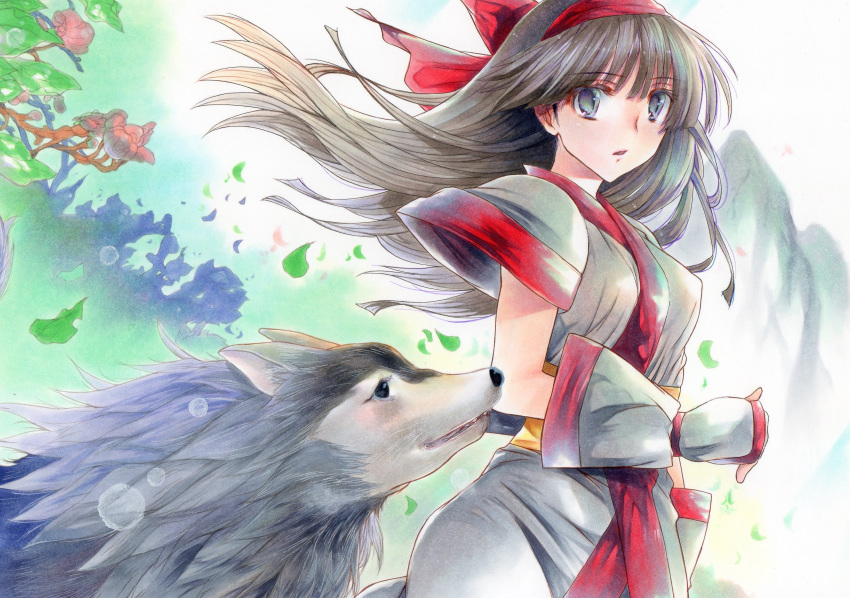 ainu_clothes animal black_hair blue_eyes bow branch covered_nipples female fingerless_gloves gloves hair_between_eyes hairband hairbow highres leaf long_hair looking_at_viewer nakoruru open_mouth red_bow red_hairband rozarin samurai_spirits sash shikuru short_sleeves traditional_media white_gloves wolf