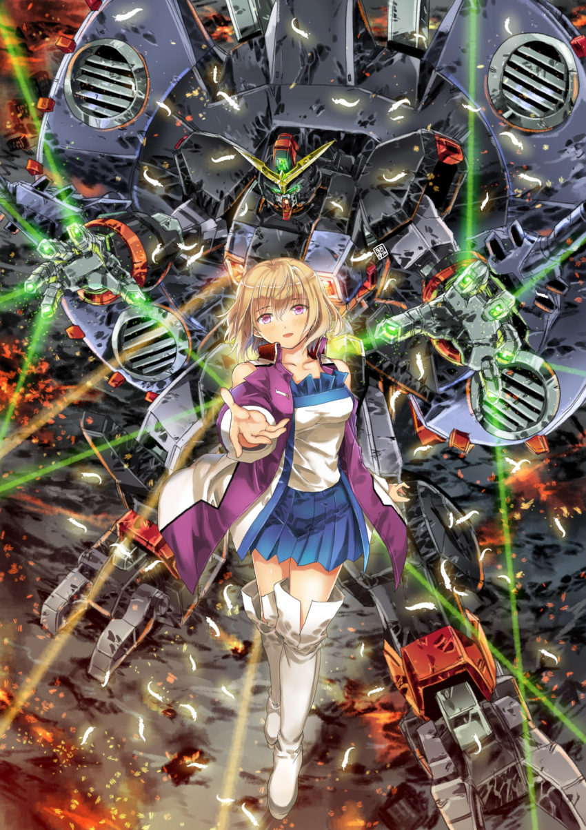 bad_id bad_pixiv_id blonde_hair blue_skirt blush boots breasts clothing_cutout collarbone commentary_request destroy_gundam embers female fire frilled_shirt frills garimpeiro glowing glowing_eyes green_eyes gundam gundam_seed gundam_seed_destiny head_tilt highres laser mecha medium_breasts mobile_suit purple_eyes robot science_fiction shirt short_hair shoulder_cutout skirt smile standing stellar_loussier thigh_boots thighhighs v-fin white_footwear white_shirt