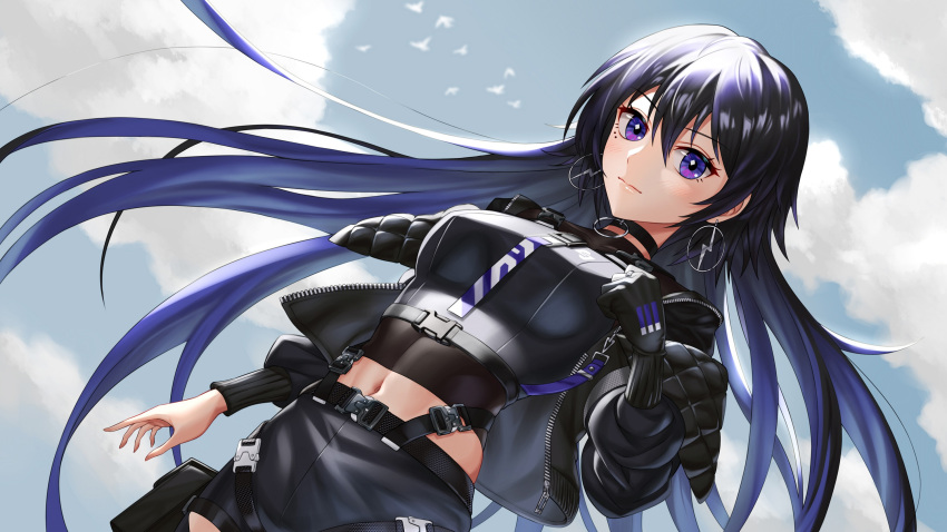 asymmetrical_gloves black_choker black_gloves black_hair black_jacket black_shorts blue_hair breasts choker closed_mouth dutch_angle earrings female floating_hair gloves hair_between_eyes highres jacket jewelry kamitsubaki_studio koko_(kamitsubaki_studio) long_hair long_sleeves looking_at_viewer medium_breasts midriff navel open_clothes open_jacket purple_eyes short_shorts shorts solo stomach straight_hair unzipped very_long_hair virtual_youtuber xun_(xun124c41)