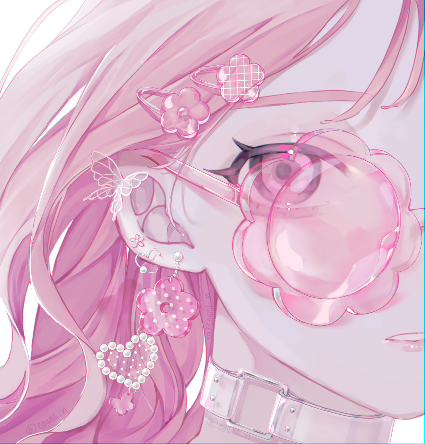 absurdres bad_id bad_pixiv_id choker close-up commentary earrings english_commentary female flower-shaped_eyewear hair_ornament hairclip heart heart_earrings highres jewelry looking_at_viewer nekome_toworu original ornament_focus pale_skin parted_lips piercing pink-tinted_eyewear pink_eyes pink_hair pink_theme see-through see-through_choker solo sunglasses tinted_eyewear