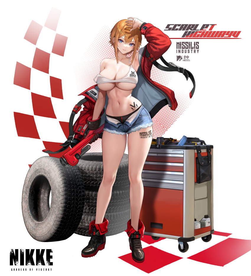 absurdres adjustable_wrench armpits bare_shoulders blonde_hair boots breasts cleavage denim denim_shorts dramz female goddess_of_victory:_nikke high_heels highres large_breasts maxwell_(nikke) navel open_clothes open_fly open_shorts short_hair shorts sidelocks single_bare_shoulder smile solo sports_bra stomach tools underboob unzipped wheel white_sports_bra wrench