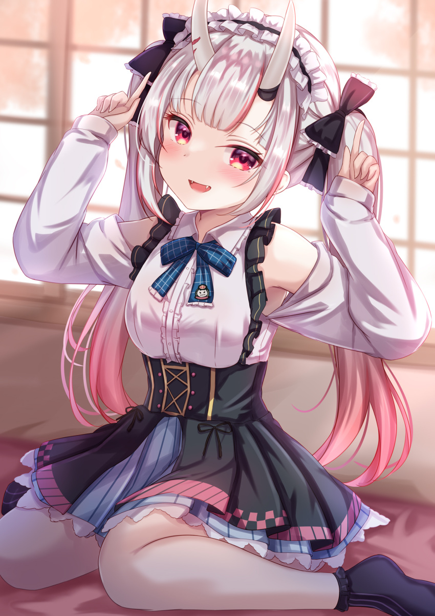 :d arms_up black_bow black_skirt blue_bow blue_bowtie blush bow bowtie center_frills fangs female frilled_shirt frilled_shirt_collar frilled_skirt frills gradient_hair grey_hair hairbow high-waist_skirt highres hololive horns index_fingers_raised long_hair long_sleeves looking_at_viewer multicolored_hair nakiri_ayame nakiri_ayame_(girly) no_shoes official_alternate_costume pleated_skirt red_eyes red_hair shirt sitting skin-covered_horns skirt smile socks solo streaked_hair twintails very_long_hair virtual_youtuber wariza white_shirt yuano