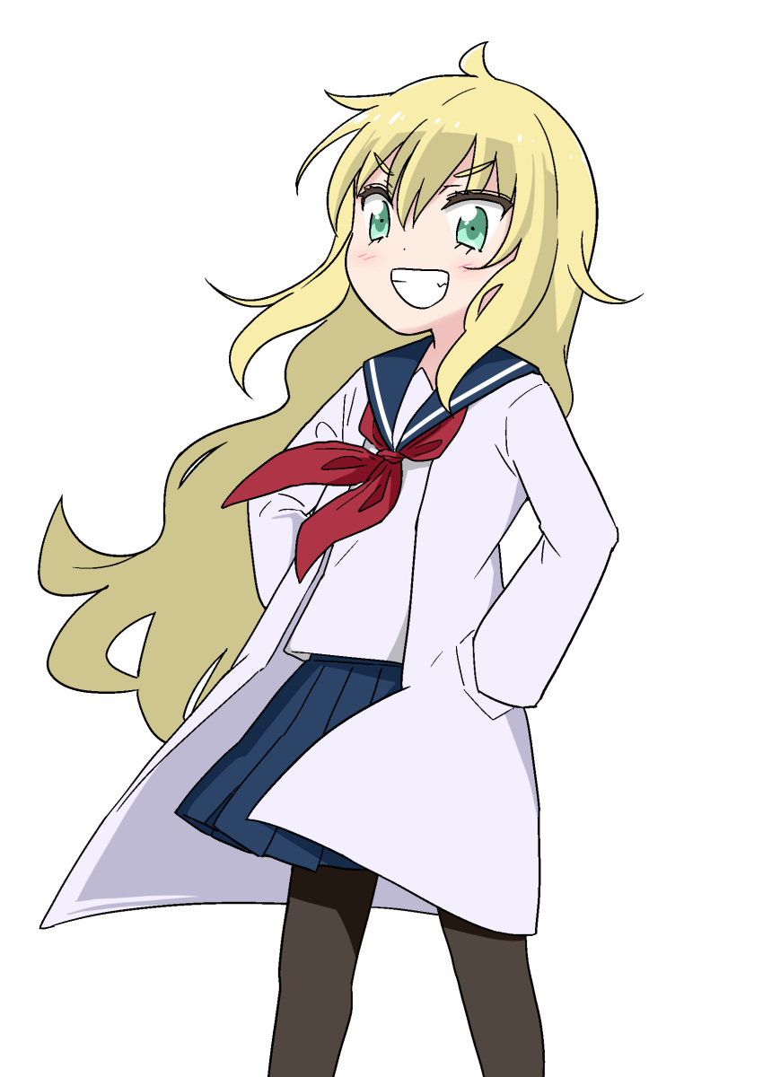 absurdres black_pantyhose black_sailor_collar blonde_hair blue_skirt blush commentary_request female green_eyes grin hair_between_eyes hands_in_pockets harunatsu_akito highres lab_coat long_hair long_sleeves neckerchief open_clothes original pantyhose pleated_skirt red_neckerchief sailor_collar school_uniform serafuku shirt simple_background skirt smile solo very_long_hair white_background white_shirt