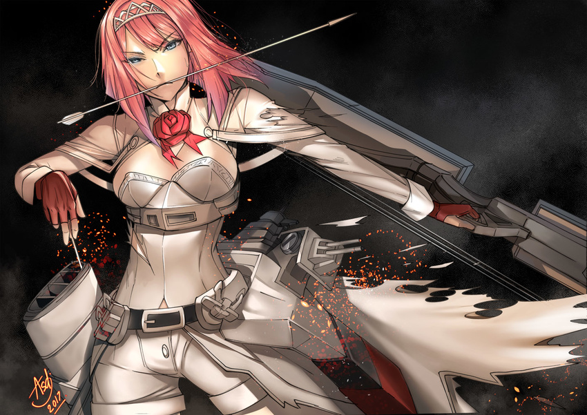 ark_royal_(kancolle) arrow_(projectile) asdj blue_eyes blunt_bangs bob_cut commentary cowboy_shot female fingerless_gloves gloves hairband kantai_collection long_sleeves looking_at_viewer machinery mouth_hold overskirt pantyhose photoshop_(medium) red_hair red_ribbon ribbon rigging short_hair shorts smoke solo tiara white_pantyhose white_shorts