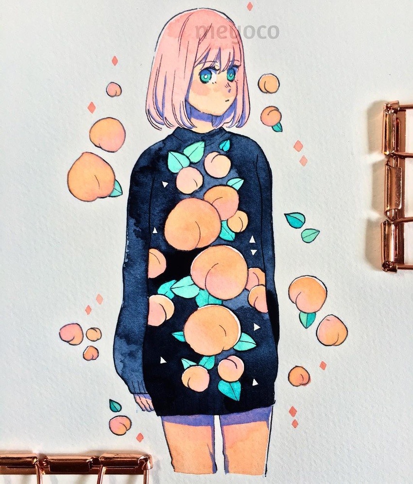 aqua_eyes artist_name bad_id bad_instagram_id black_shirt cowboy_shot female food fruit highres leaf looking_at_viewer meyoco original peach peach_print photo_(medium) pink_hair print_shirt shirt short_hair solo traditional_media triangle watermark