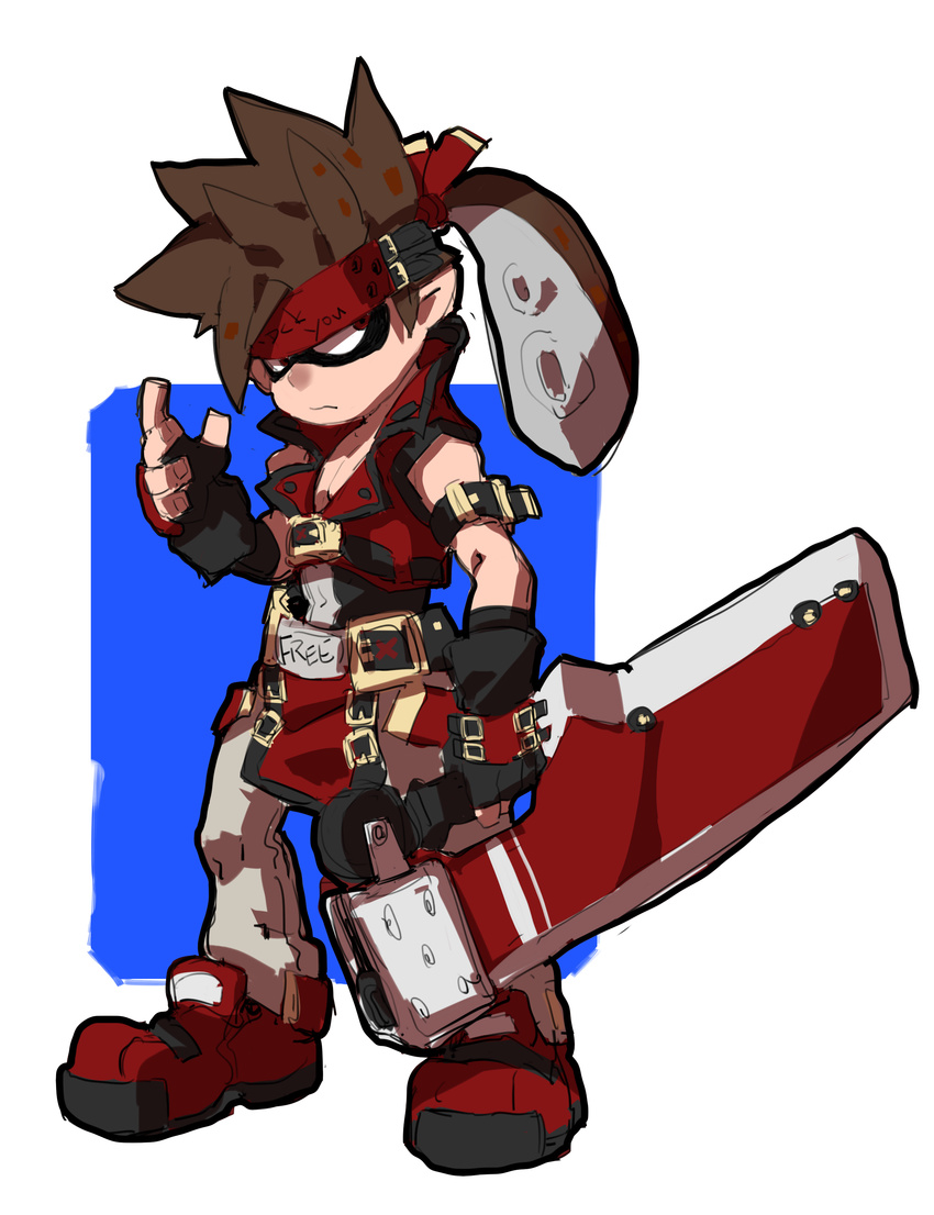 1boy absurdres arm_strap belt_buckle boots brown_hair buckle commentary cosplay fingerless_gloves full_body gloves guilty_gear guilty_gear_xrd headband highres holding holding_weapon inkling_player_character junkyard_dog_mk_iii makai male_focus photoshop_(medium) ponytail red_eyes reverse_grip sol_badguy sol_badguy_(cosplay) solo spiked_hair splatoon_(series) splatoon_1 splatoon_2 standing sword tentacle_hair vest weapon