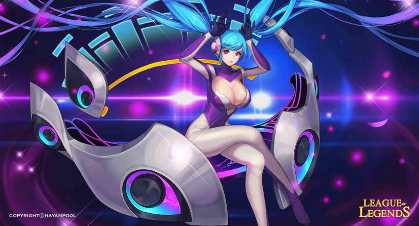 absurdly_long_hair absurdres artist_name black_gloves blue_hair bodysuit breasts catsuit cleavage cleavage_cutout closed_mouth clothing_cutout collarbone commentary_request copyright_name covered_navel covered_nipples crossed_legs dj_sona female formal glint gloves gradient_hair hands_up hayanpool headgear headphones highres huge_breasts large_breasts league_of_legends lips long_hair long_sleeves looking_at_viewer multicolored_hair official_alternate_costume petals photoshop_(medium) pink_lips purple_eyes purple_hair rabbit_pose sitting skin_tight solo sona_(league_of_legends) sparkle suit swept_bangs turtleneck twintails very_long_hair