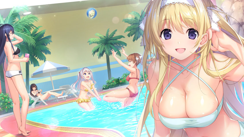 5girls :d ^_^ arms_up asamori_mitsuki ass barefoot bikini bikini_shorts blonde_hair blue_hair boku_no_mirai_wa_koi_to_kakin_to breasts cellphone cleavage closed_eyes criss-cross_halter dutch_angle frilled_bikini frills game_cg hair_ribbon hairband halterneck highres indoors kitami_rio kurebayashi_noe large_breasts long_hair looking_at_viewer mahara_shiori marui_(koedame) medium_breasts multiple_girls nironiro nylon_(nylon_100) open_mouth own_hands_together phone pool purple_eyes reclining red_bikini ribbon saionji_nana shorts sidelocks smartphone smile standing swimsuit tucking_hair twintails two_side_up very_long_hair volleyball wading wataya_azusa white_bikini yellow_bikini