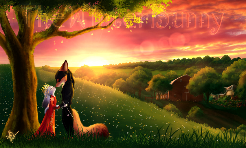 2017 5:3 anthro canid canine clothed clothing crown detailed_background disney female flower forest fox fur headgear hi_res hill judy_hopps kissing lagomorph leporid male mammal mask melee_weapon nick_wilde plant princess_bride rabbit rapier red_fox signature sunset sword thewinterbunny tree true_fox watermark weapon zootopia