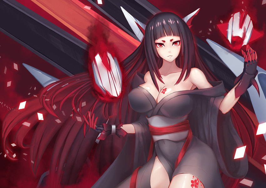 akagi_(warship_girls_r) bare_shoulders black_hair black_kimono blunt_bangs breasts chinese_commentary cleavage commentary_request dark_persona enemy_akagi_(warship_girls_r) enemy_vessel_(warship_girls_r) female gloves headgear highres japanese_clothes kimono large_breasts liu_lan long_hair looking_at_viewer multicolored_hair off_shoulder parody photoshop_(medium) red_eyes red_hair short_eyebrows solo tattoo two-tone_hair very_long_hair warship_girls_r