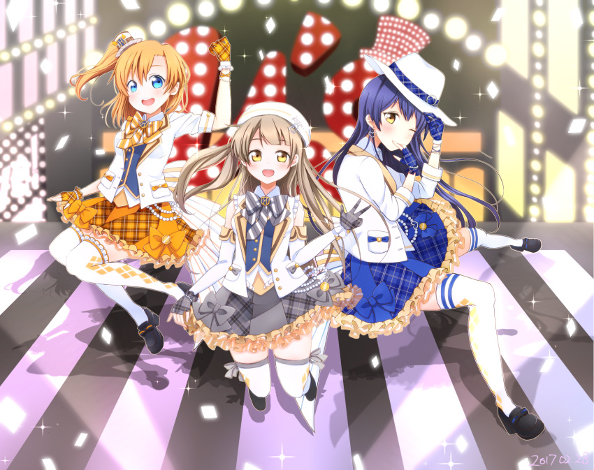 3girls blue_eyes blue_hair commentary_request earrings gloves grey_hair hair_between_eyes hat highres jewelry kosaka_honoka long_hair looking_at_viewer love_live! love_live!_school_idol_festival love_live!_school_idol_project minami_kotori misora_deco multiple_girls necktie one_eye_closed one_side_up open_mouth orange_hair plaid smile sonoda_umi thighhighs white_legwear yellow_eyes