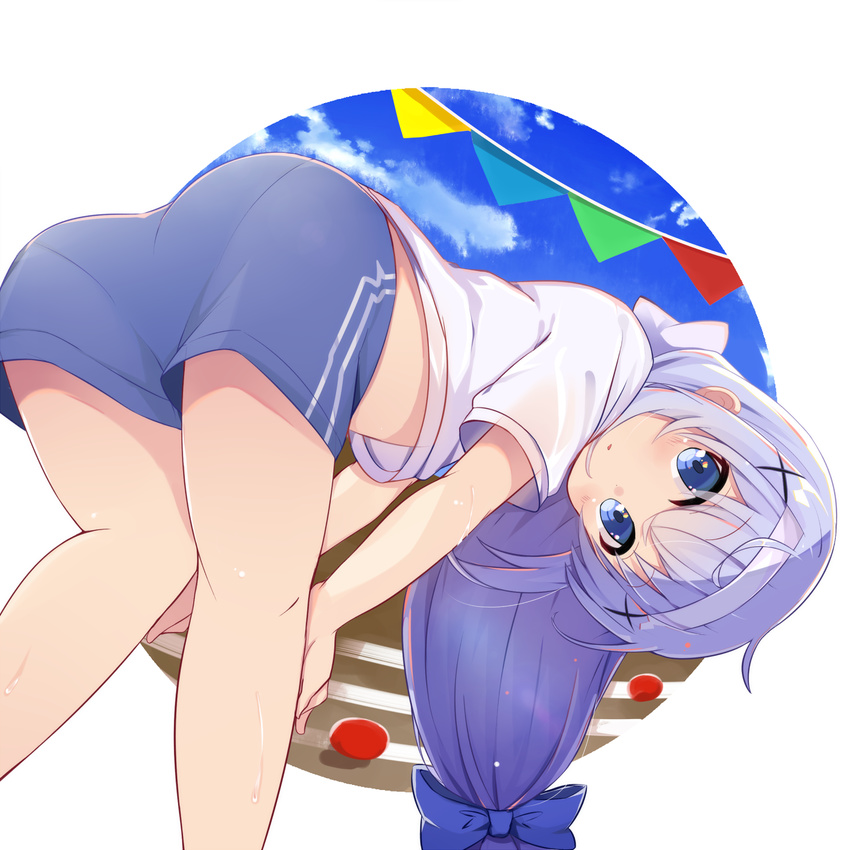 ass bad_anatomy bad_ass ball_toss bent_over blue_eyes blue_hair cloud commentary_request female from_behind gochuumon_wa_usagi_desu_ka? gym_shorts gym_uniform hair_ornament hands_on_own_knees headband highres kafuu_chino koga_rejini long_hair looking_back low_ponytail midriff outdoors pantylines ponytail ribbon shirt short_shorts shorts sky solo sports_festival string_of_flags x_hair_ornament